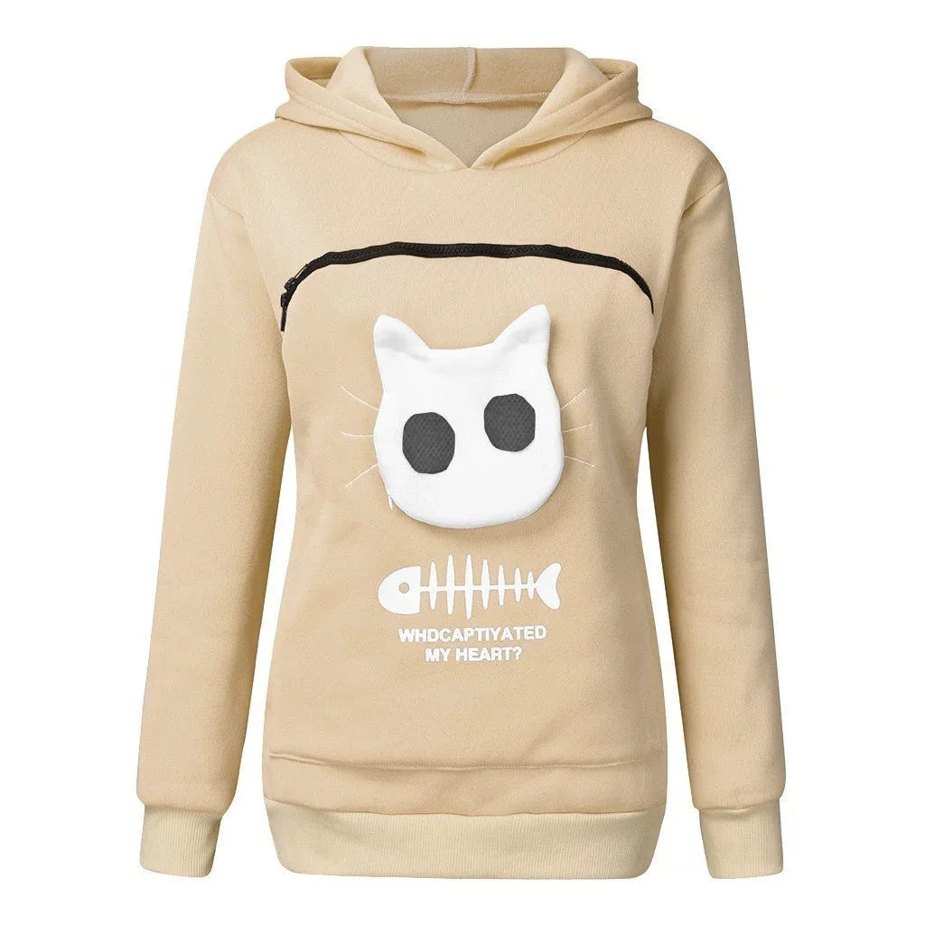 Sweat-shirt à capuche pour femme à manches longues avec poche chat