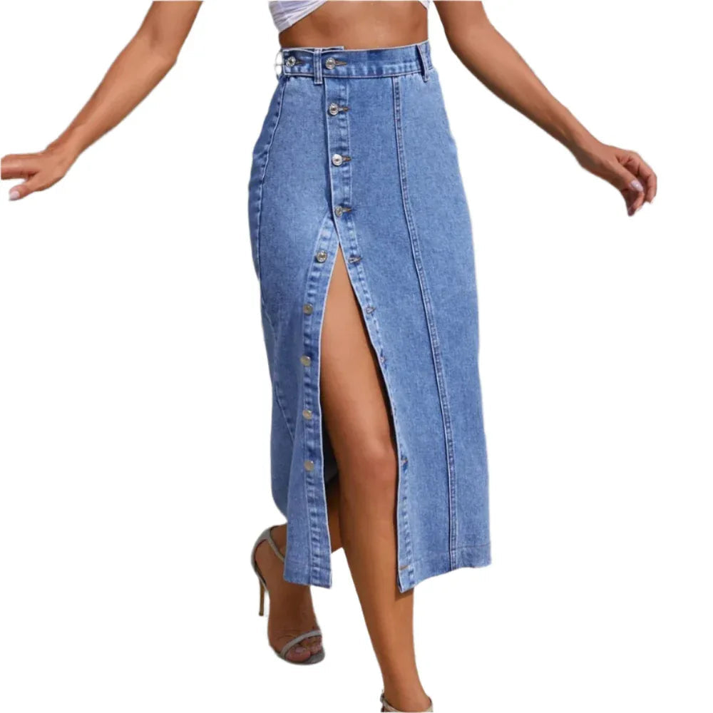 Jupe en jean taille haute fendue irrégulière pour femme