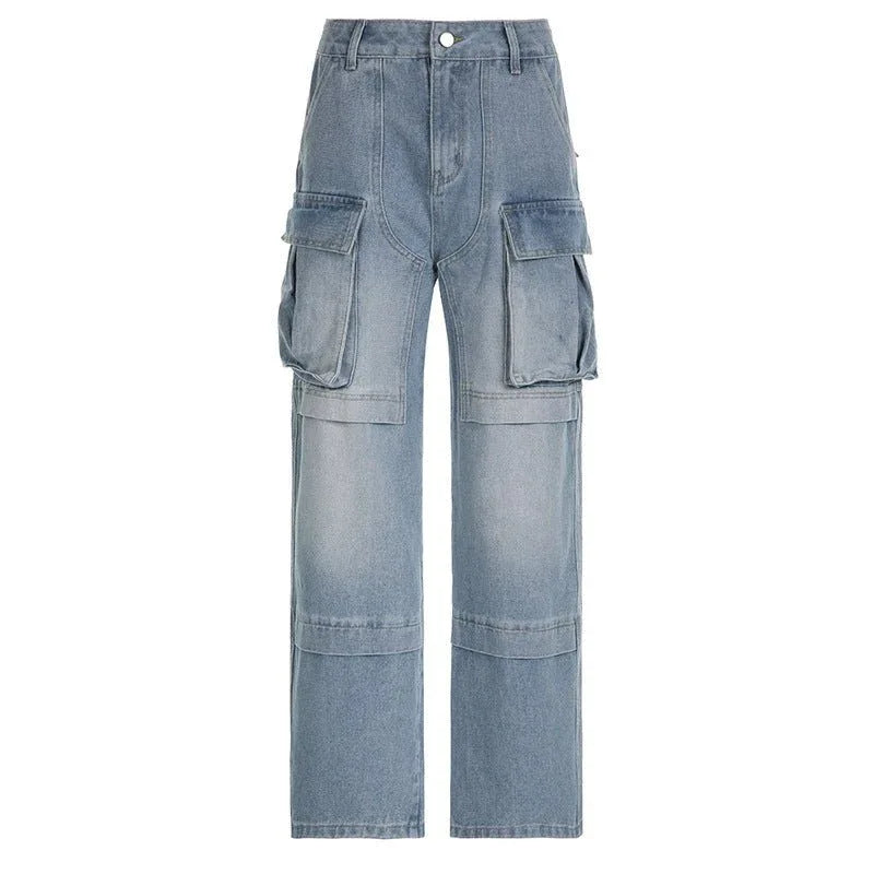 Damen Straight Jeans mit hoher Taille und großen Taschen