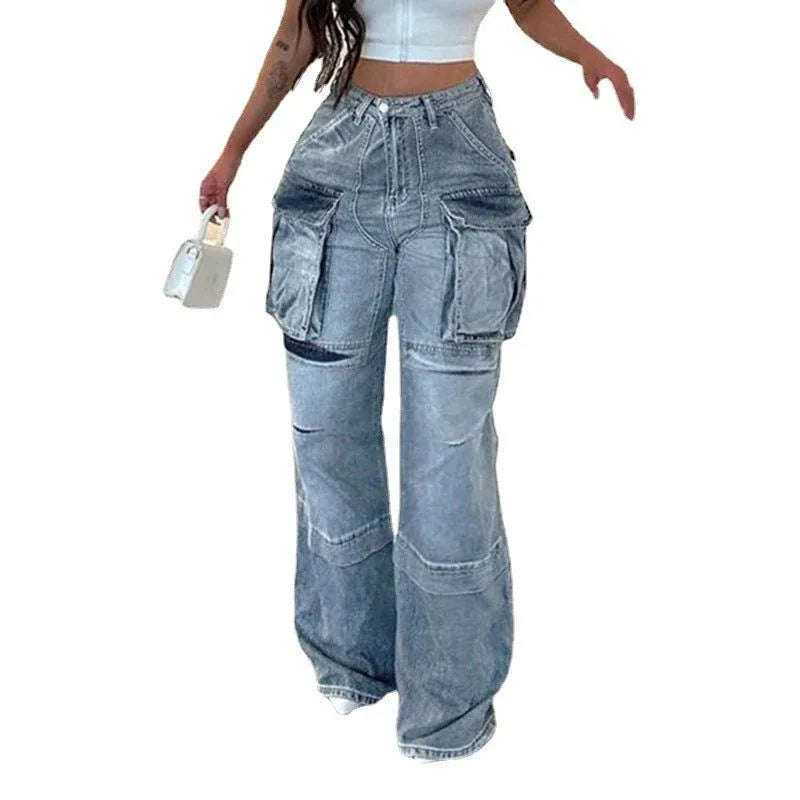 Damen Straight Jeans mit hoher Taille und großen Taschen