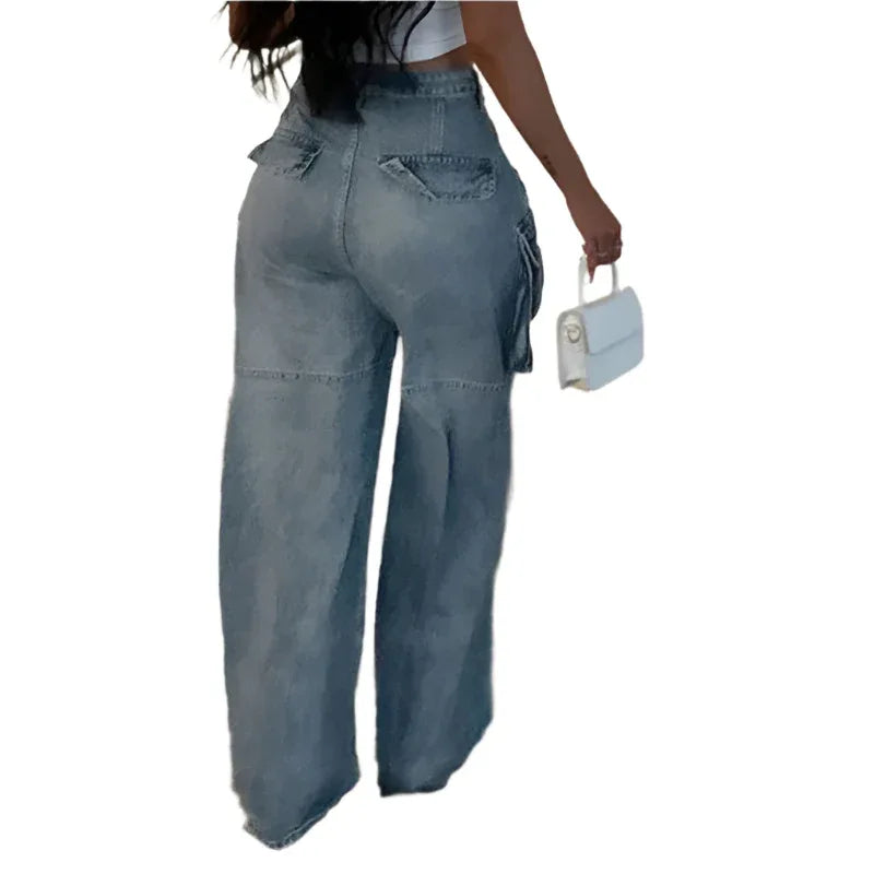 Damen Straight Jeans mit hoher Taille und großen Taschen
