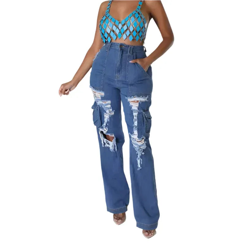 Jean extensible déchiré pour femme