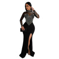 Damen-Strass-Perlen-durchsichtiges, tailliertes, elastisches Kleid mit Schlitz