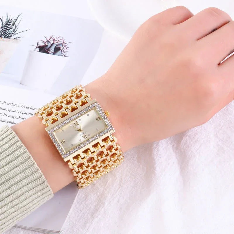 Damen-Rechteck-Edelstahlarmbanduhr mit Strass
