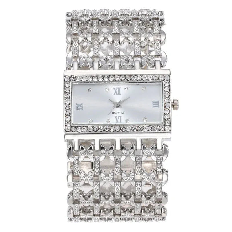 Damen-Rechteck-Edelstahlarmbanduhr mit Strass