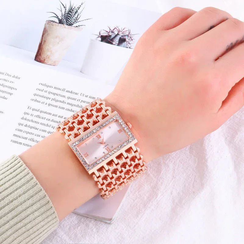 Damen-Rechteck-Edelstahlarmbanduhr mit Strass