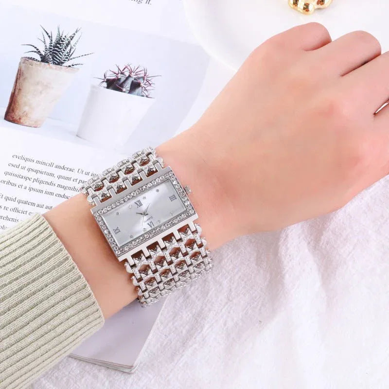 Damen-Rechteck-Edelstahlarmbanduhr mit Strass
